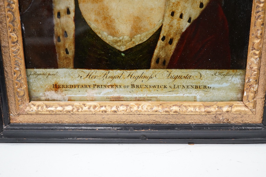 After Sir Joshua Reynolds (1723-1792), 'Her Royal Highness Augusta Hereditary Princess of Brunswick and Lunenburg' sold by John Eynon, London, 18th century reverse glass painted print, 35 x 25cm